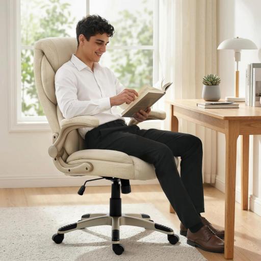 Silla de Oficina con Masaje Vibratorio de 4 Puntos Calor Lumbar Brazos Abatibles Respaldo Alto Altura Ajustable Crema [2]