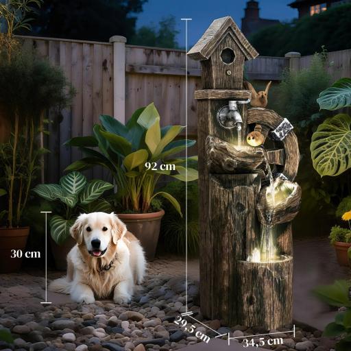 Fuente de Cascada 2 en 1 con Casita para Pájaros con Luces LED y Bomba Característica de Jardín con Troncos Multicolor [1]