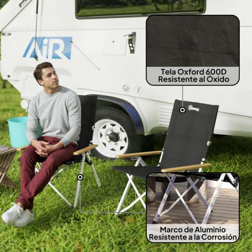 Sillas de Camping Plegables de Aluminio con Respaldo Alto Ajustable Reposabrazos de Madera 59x67x96 cm Negro [5]