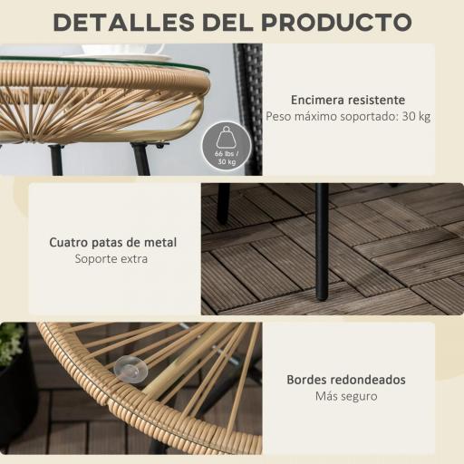 Mesa Auxiliar de Ratán Sintético Redonda para Exteriores con Encimera de Vidrio Templado Ø50x50 cm Beige [2]