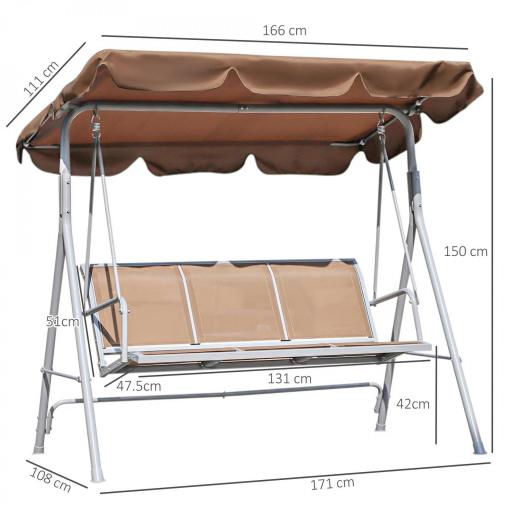 Columpio Jardín Exterior Balancín Jardín Exterior de 3 Plazas con Toldo Ajustable Respaldo Transpirable y Marco de Metal para Terraza Balcón Carga 240 kg 171x108x150 cm Marrón [1]