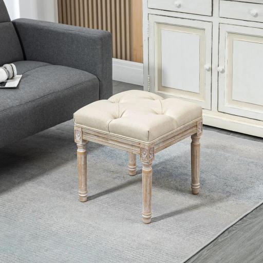 Reposapiés de Salón con Asiento Capitoné y Patas Talladas de Madera Estilo Vintage para Dormitorio 40x40x43 cm Beige