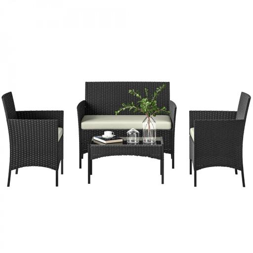 Conjunto Muebles Jardín de Ratán Sintético con Sofá Sillones y Mesa de Vidrio Templado y Cojines Negro y Crema [8]