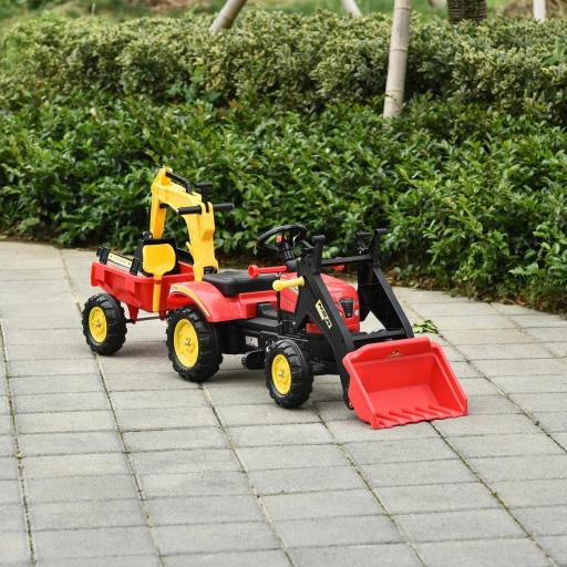 Tractor a Pedales con Remolque Excavador con Pala Frontal Juguete de Conducción para Mayores de 3 Años Dirección y Palas Fáciles de Controlar Soporta hasta 35 kg 179x42x59 cm Rojo