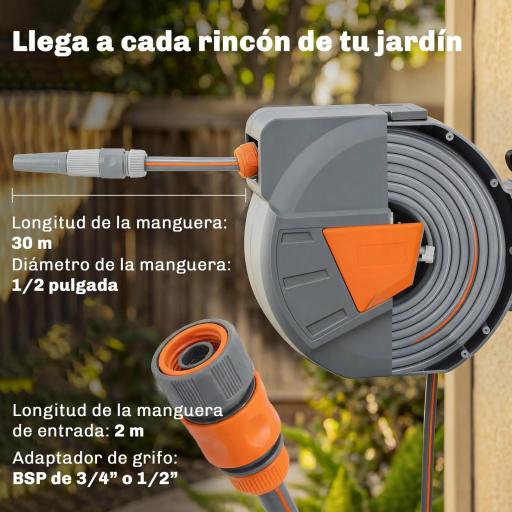 Carrete de Manguera Retráctil 30+2 m con Boquilla de 2 Modos Bloqueo Automático y Retracción Controlada Soporte Naranja [2]