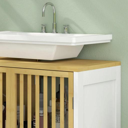 Armario de Baño Bajo Lavabo de Bambú con Puerta Doble y Estante Ajustable Carga 30 kg 60x30x70 cm Natural y Blanco [6]