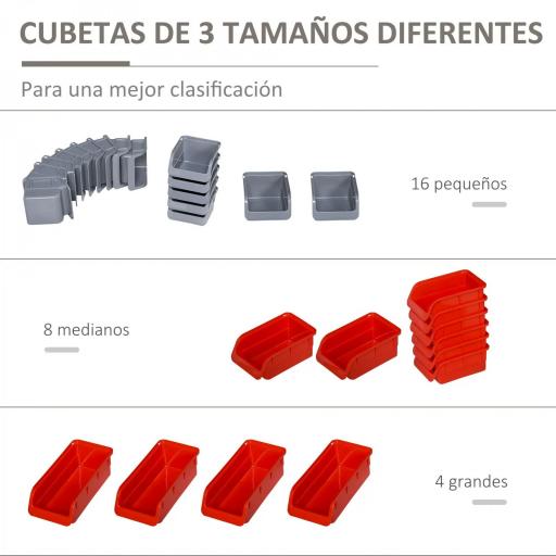 Estantería de Pared para Herramientas de 44 Piezas 95x54 cm con 28 Cajas Apilables y Diferentes Ganchos Gris y Rojo [8]