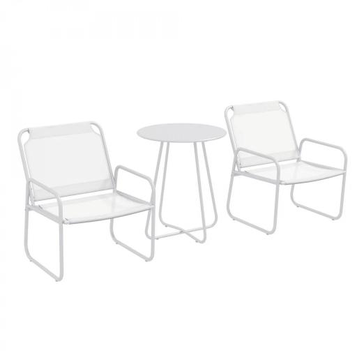Conjunto de Muebles de Jardín de 3 Piezas con Marco de Acero Reposabrazos y Almohadillas Ajustables para los Pies Blanco [8]