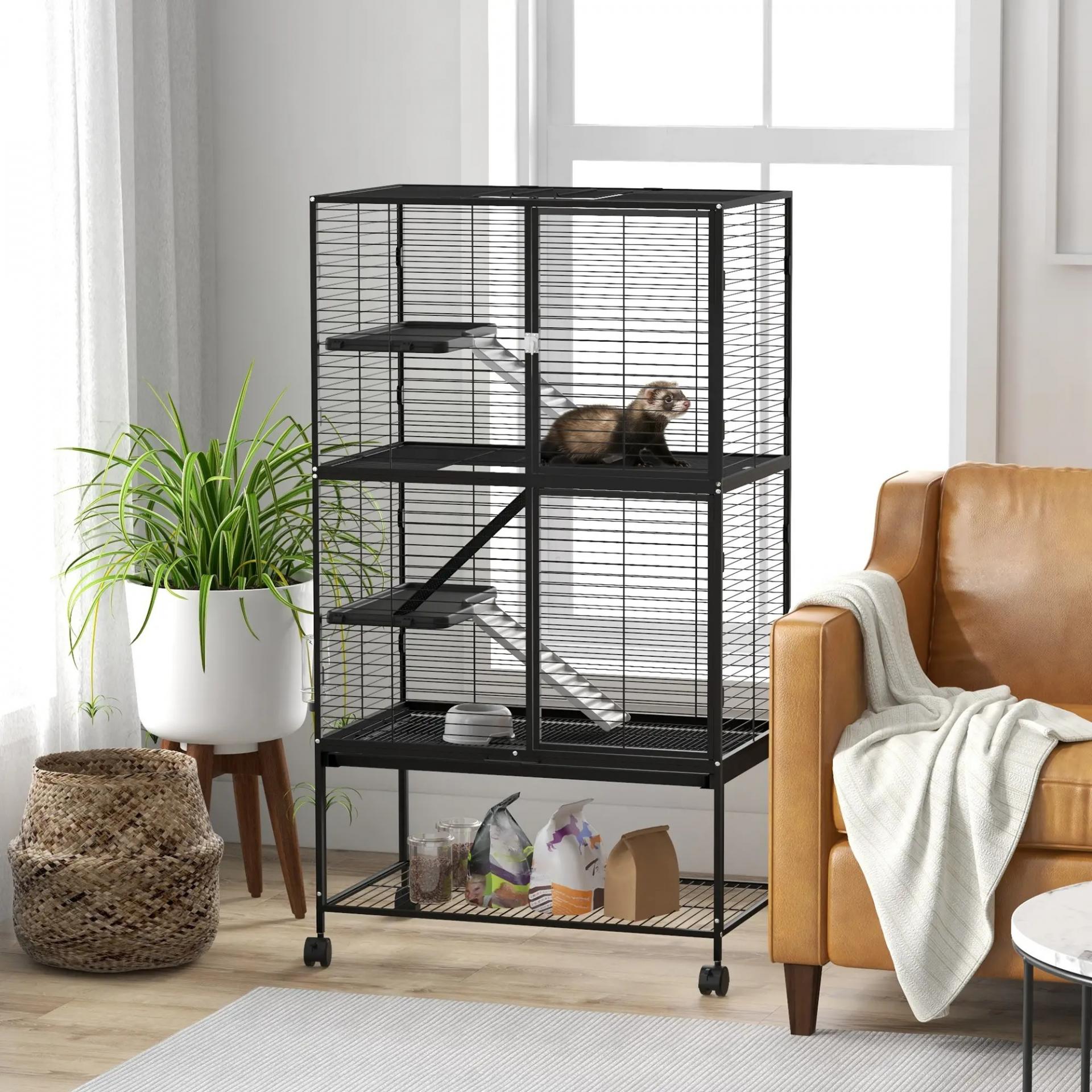 Jaula para Animales Pequeños de 4 Niveles con Ruedas Rampa Comedero Bebedero y Bandeja Extraíble 78x45,5x136 cm Negro