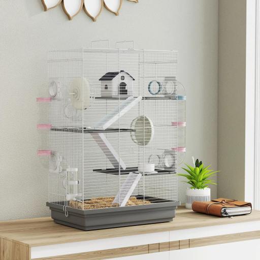 Jaula para Hámster con Túnel Plataformas Cuenco Bebedero Casita Rampas y Rueda de Ejercicio 47x30x70 cm Gris [4]