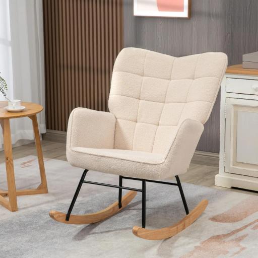 Silla Mecedora de Borreguito Sillón Balancín Oscilante 40° con Patas de Madera de Haya Carga 120 kg 71x98x101 cm Beige