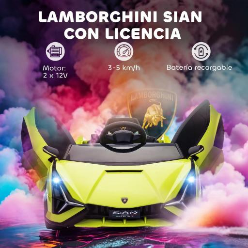 Coche Eléctrico para Niños de +3 Años Lamborghini SIAN Coche de Batería 12V con Mando a Distancia Apertura de Puerta Música MP3 USB y Faros 3-5 km/h 108x62x40 cm Verde [3]