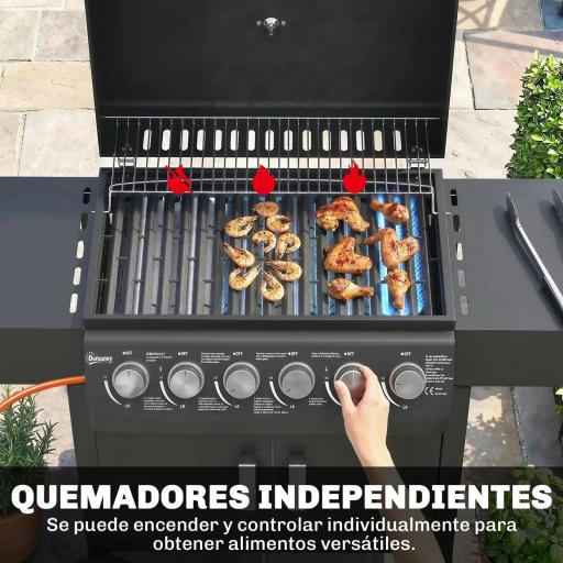 Barbacoa de Gas con 6 Quemadores 15 kW Termómetro Parrilla Mesas Laterales Armario y Ruedas 135x51x101 cm Negro [4]