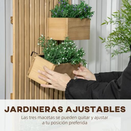 Jardinera de Pared de Madera con Enrejado y 3 Macetas Móviles para Jardín Terraza Patio 60x16x80 cm Natural [2]