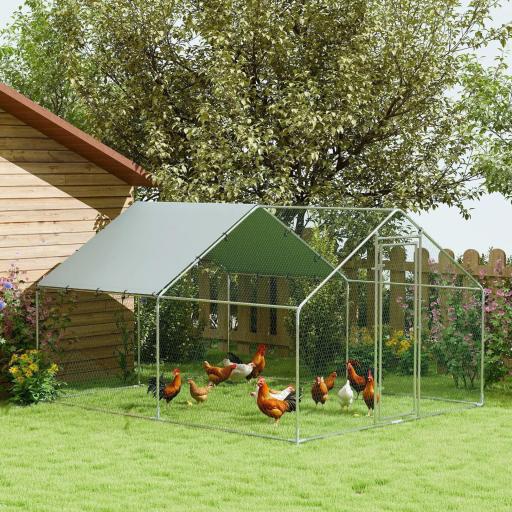 Corral para Gallinas Gallinero Metálico Grande de 3x3,4x1,9 m con Cubierta Impermeable y Anti-UV Plata