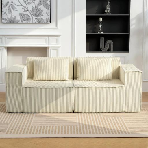 Sofá de 3 Plazas Tapizado en Pana Acolchado Grueso Asiento Extra Profundo Reposabrazos Anchos Montaje Rápido Beige [2]