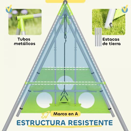 Conjunto de Columpios 4 en 1 con Planeador Canasta y Portería de Puntería para Niños de 3 a 8 Años 215x180x182 cm Verde [4]