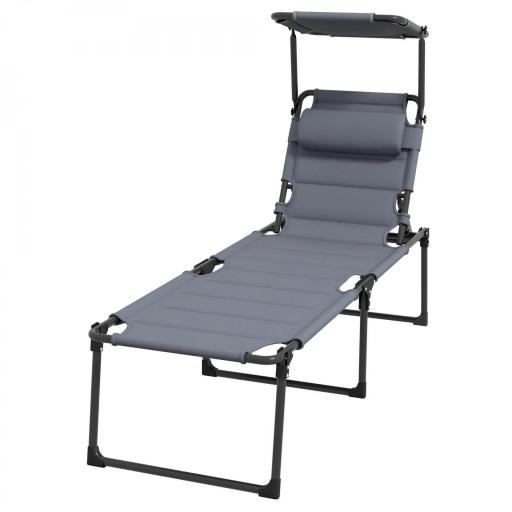 Tumbona de Jardín con Toldo Ajustable Respaldo Regulable en 4 Niveles Reposacabezas para Terraza 70x200x45 cm Gris [8]