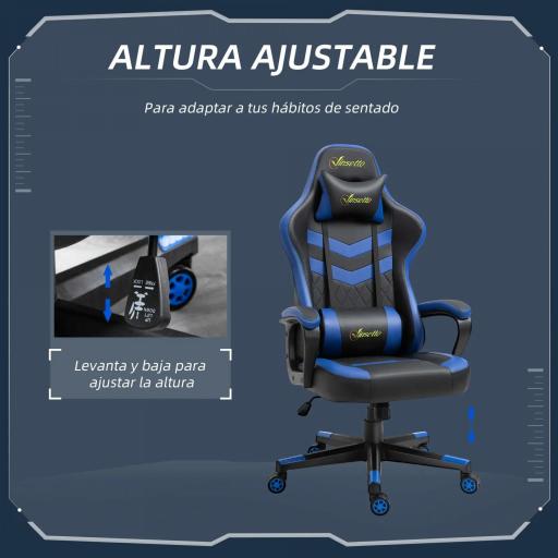 Silla Gaming Altura Regulable Basculante con Reposacabezas Cojín Lumbar 61x70x121-129 cm Azul [2]