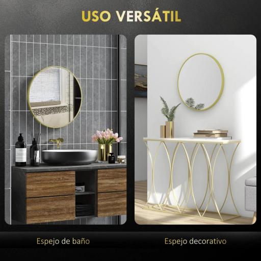 Espejo de Baño Redondo Ø60 cm Espejo Decorativo de Pared con Marco de Aluminio y Gancho Fácil Instalación Dorado [4]