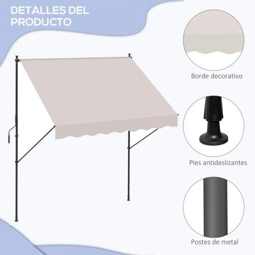 Toldo Manual Retráctil 200x175x210-310 cm Ajustable con Manivela Protección Solar UV40+ para Balcón Terraza Crema [7]