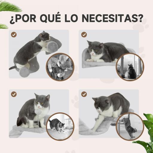 Rascador de Pared para Gatos con 2 Postes de Sisal Plataforma Doble con Escalera Suave y 1 Plataforma para Saltar Gris [2]