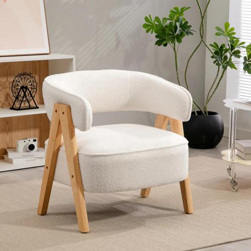 Butaca de Salón Tapizada en Borreguito Acolchada Gruesa Patas de Madera Respaldo Curvado 70x64x71 cm Blanco [6]