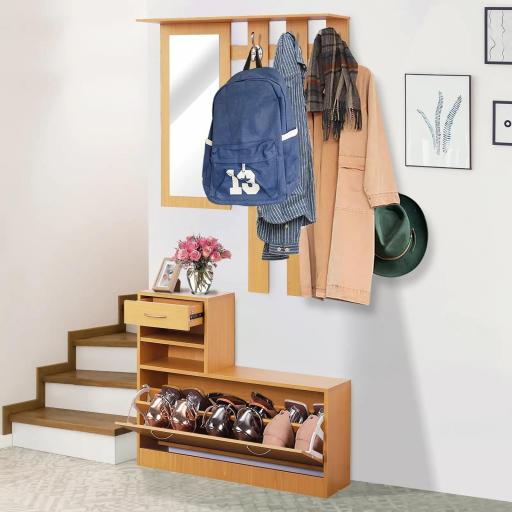 Recibidor de Entrada con Espejo Perchero y Zapatero Mueble de Recibidor de 2 Piezas con 6 Ganchos Estantes y Cajón Abatible para Pasillo Madera Marrón [7]