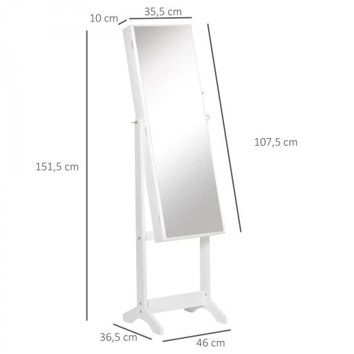 Espejo Joyero de Pie con Ángulo Ajustable y Ranuras para Pendientes Anillos y Collares 46x36,5x151,5 cm Blanco [1]
