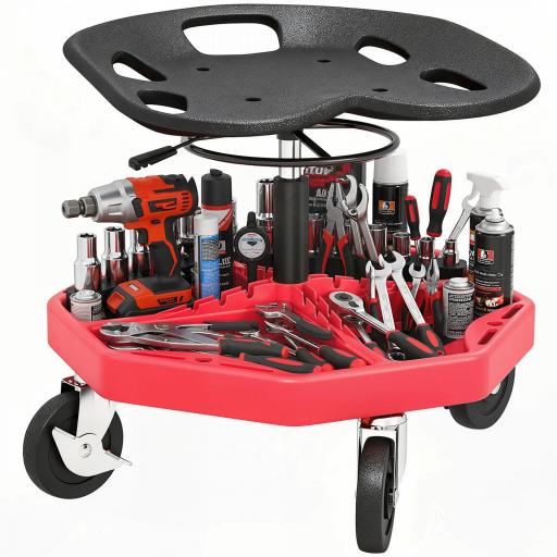 Taburete de Taller Móvil con Bandeja Magnética Ruedas Altura Ajustable de 52–59,5 cm Carga 135 kg para Garaje Rojo [9]