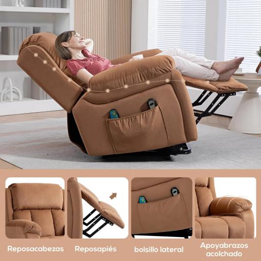 Sillón Relax Reclinable Eléctrico Levanta Personas con Masaje Vibratorio y Calor Control Remoto Reposapiés Marrón [7]