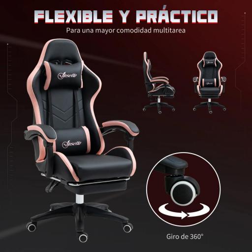 Silla Gaming Silla Gamer de Cuero PU Reclinable 135° Reposacabezas y Reposapiés 65x65x121-129 cm Negro y Rosa [5]