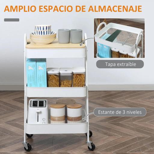 Carrito de Cocina con 3 Cestas de Acero y 1 Placa de Cubierta para Comedor Sala Baño 45x31x79,4 cm Blanco [2]