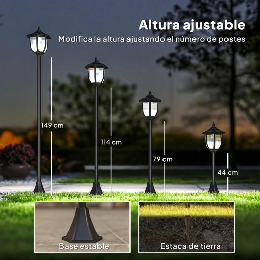Lámpara Solar de Jardín Farola con 6 Luces LED con Batería Recargable Solar con Autonomía de 6-8 Horas Ø26,5x177cm Negro [2]