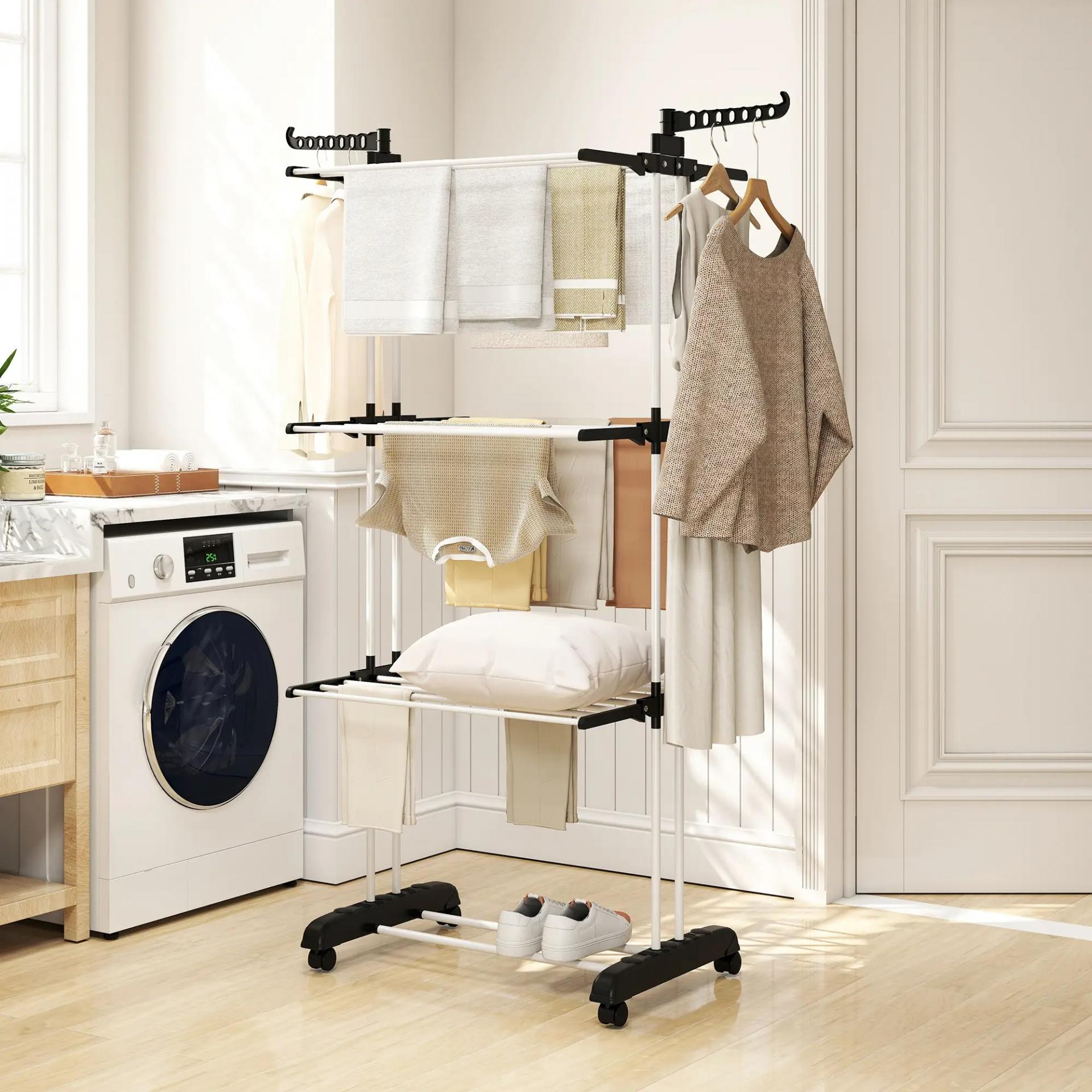 Tendedero de Ropa Plegable con Ruedas 3 Niveles con Alas Plegables y Colgadores 73x64x172 cm Negro y Blanco