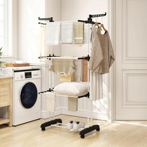 Tendedero de Ropa Plegable con Ruedas 3 Niveles con Alas Plegables y Colgadores 73x64x172 cm Negro y Blanco