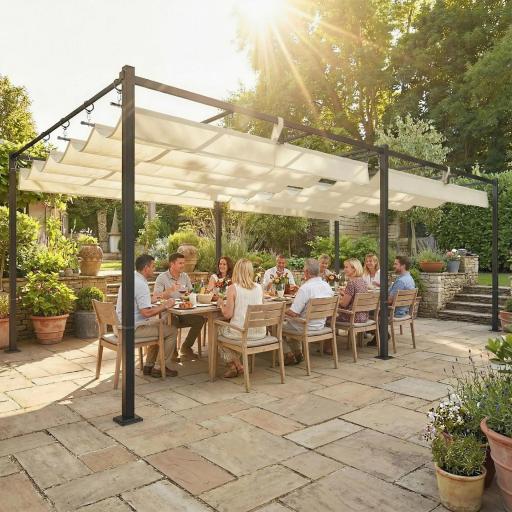 Pérgola de Jardín 6x3 m con Techo Retráctil Protección UPF50+ Drenaje Cenador de Jardín para Patio Exterior Crema