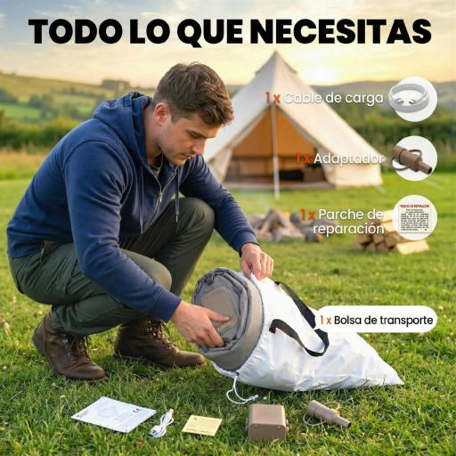 Colchón Hinchable Individual Plegable con Bomba Inflado 3 Min Desinflado 2 Min Bolsa Carga 200 kg 190x97x39 cm Gris [6]