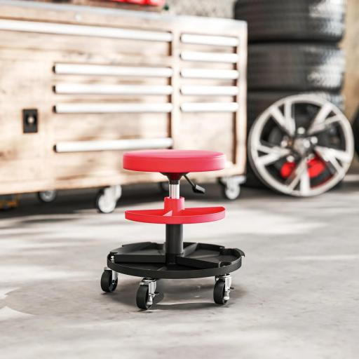 Taburete de Taller Giratorio con Ruedas Altura Ajustable de 40-51 cm y 2 Bandejas Carga 135 kg para Garaje Rojo [2]