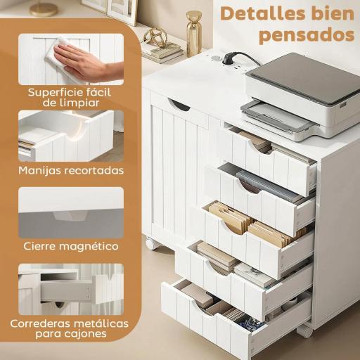 Mueble para Impresora con Estación de Carga y Ruedas 5 Cajones Puertos USB Estante Ajustable Blanco [5]