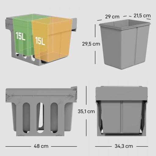 Cubo de Basura Extraíble bajo Fregadero con 2 Contenedores Capacidad Total 30L (15Lx2) Fijación Inferior Gris Claro [1]