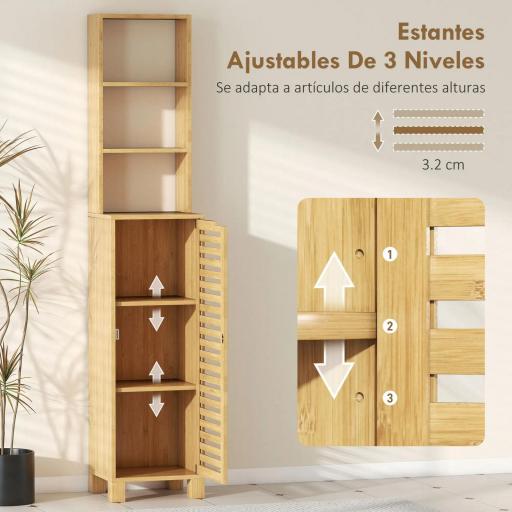 Armario de Baño Alto de Bambú Estrecha con 3 Estantes Abiertos Puerta de Lamas Baldas Ajustables 34x30x170 cm Natural [5]