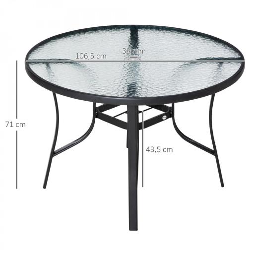 Mesa de Cristal de Jardín con Agujero para Sombrilla Mesa para Comer Redonda con Marco de Acero para Exterior Terraza Balcón Ø106,5x71 cm Negro [1]