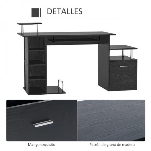 Mesa de Escritorio con 6 Estantes Cajón Bandeja de Teclado y Soportes para Monitor Impresora 152x60x88 cm Negro [3]