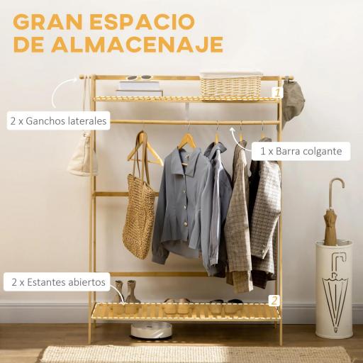Perchero de Pie de Madera de Bambú para Ropa con 2 Estantes 2 Ganchos y Barra para Colgar 114x40x139 cm Natural [5]