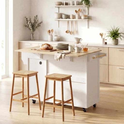 Isla de Cocina con Encimera Extensible Estación de Carga Ruedas 2 Puertas 3 Cajones Especiero y Toallero Blanco [3]