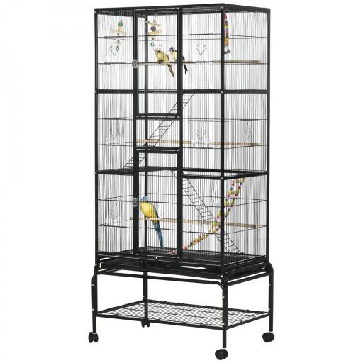 Jaula para Pájaros con Ruedas 83x53x180 cm Pajarera Metálica de 3 Niveles con 3 Perchas Comederos Juguetes Rampas Negro [8]