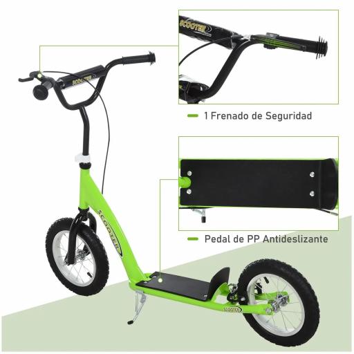 Patinete para Niños Mayores de 5 Años Scooter 2 Neumáticos Inflables de Caucho con Frenos Manillar Ajustable Pedal Antideslizante 117x52x80-85 cm Verde [2]