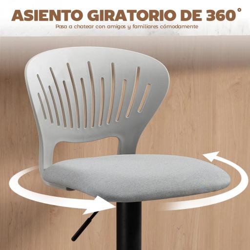 Juego de 2 Taburetes de Bar Giratorios en 360° Regulables en Altura de 84-105 cm Respaldo Hueco Reposapiés Gris [7]