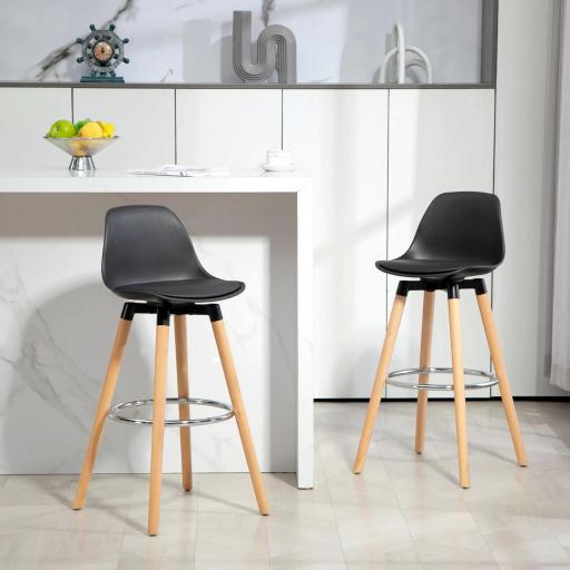 Juego de 2 Taburetes Altos de Cocina 69 cm Tapizado en PU con Respaldo Patas de Madera para Comedor Negro